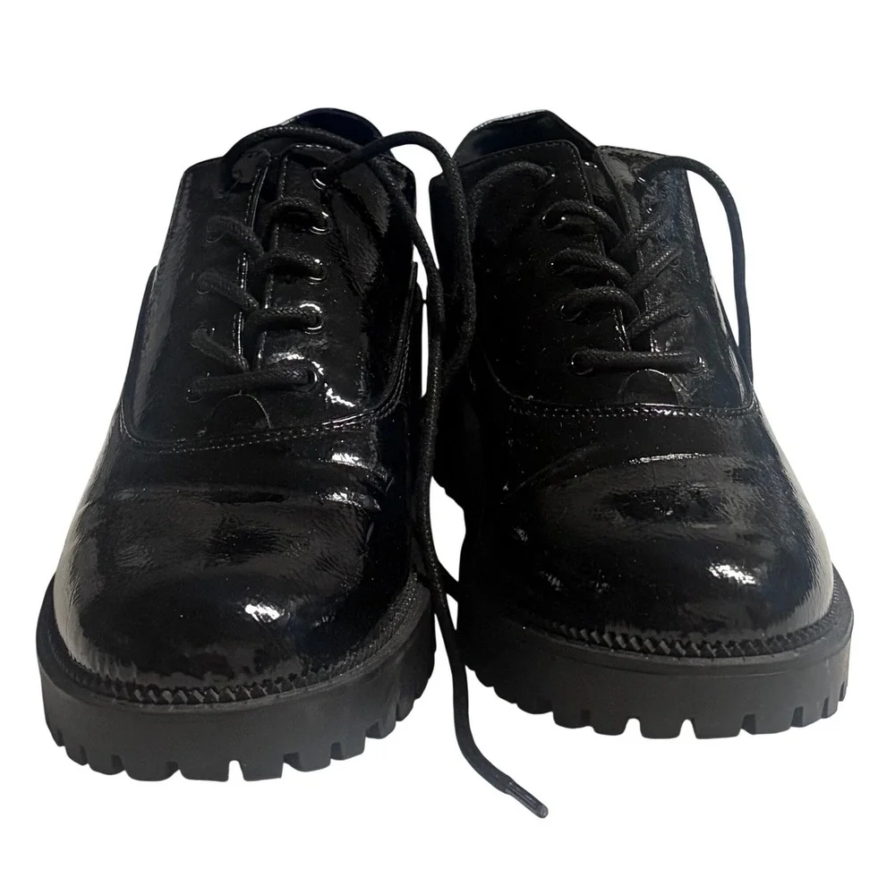 Mix‎ No. 6 Seren Black Patent Lug Sole Block Heel Lace Up Oxfords Shoes 9M